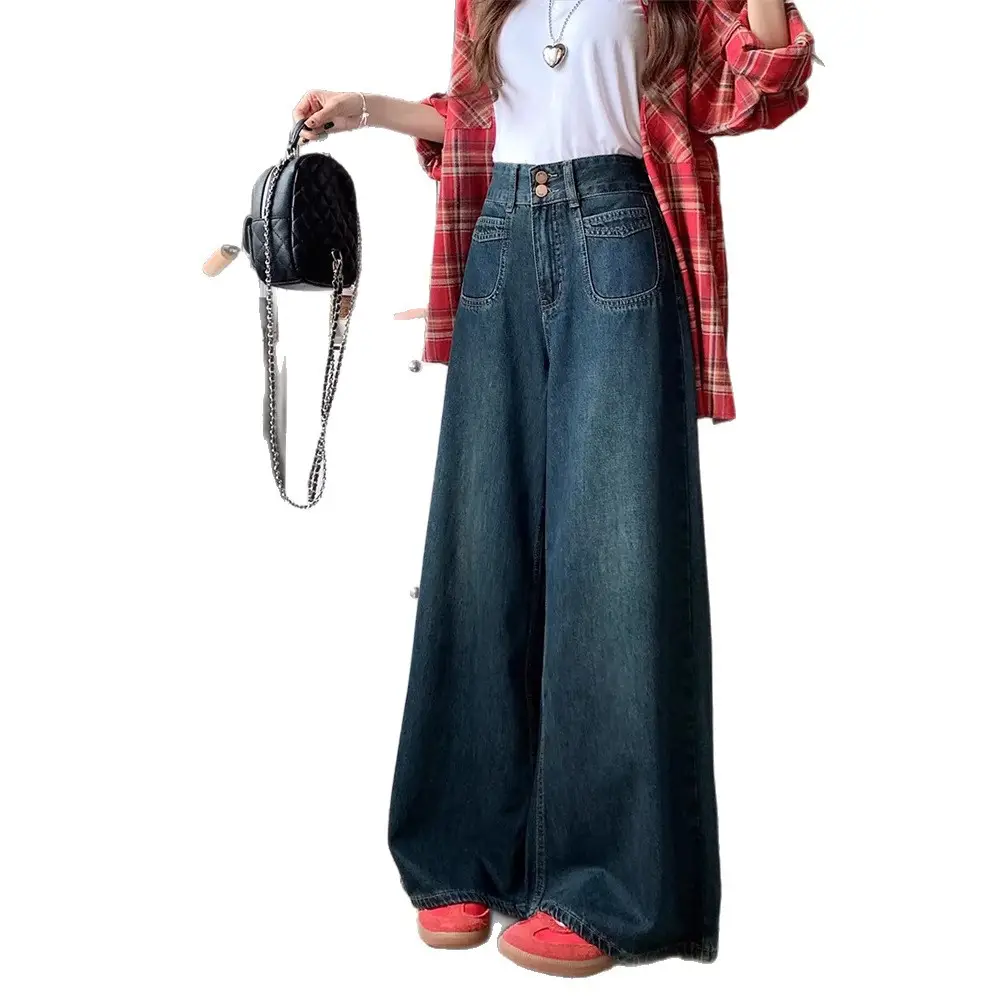 Dark Blue Wide Leg Jeans High Waist 2025 Spring Autumn