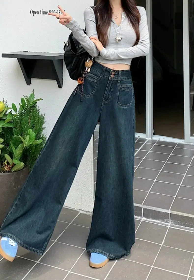 Dark Blue Wide Leg Jeans High Waist 2025 Spring Autumn — feature 10