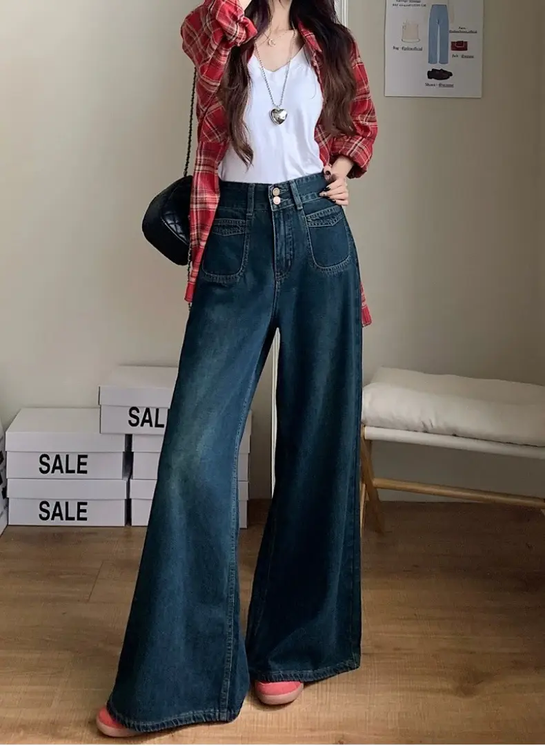 Dark Blue Wide Leg Jeans High Waist 2025 Spring Autumn — feature 11