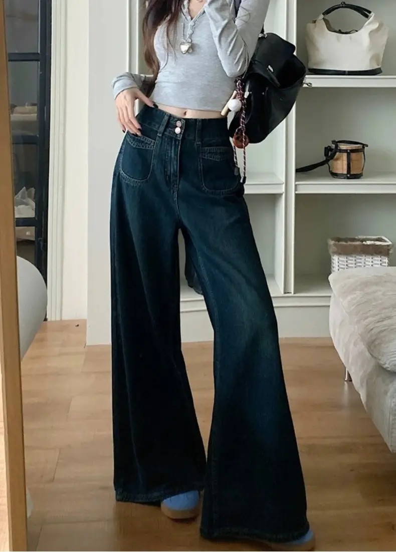 Dark Blue Wide Leg Jeans High Waist 2025 Spring Autumn — feature 15