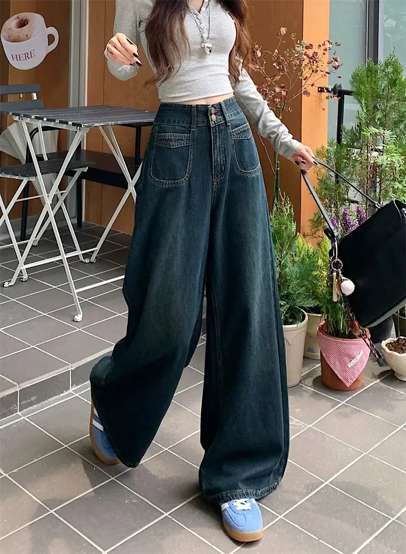 Dark Blue Wide Leg Jeans High Waist 2025 Spring Autumn — feature 16