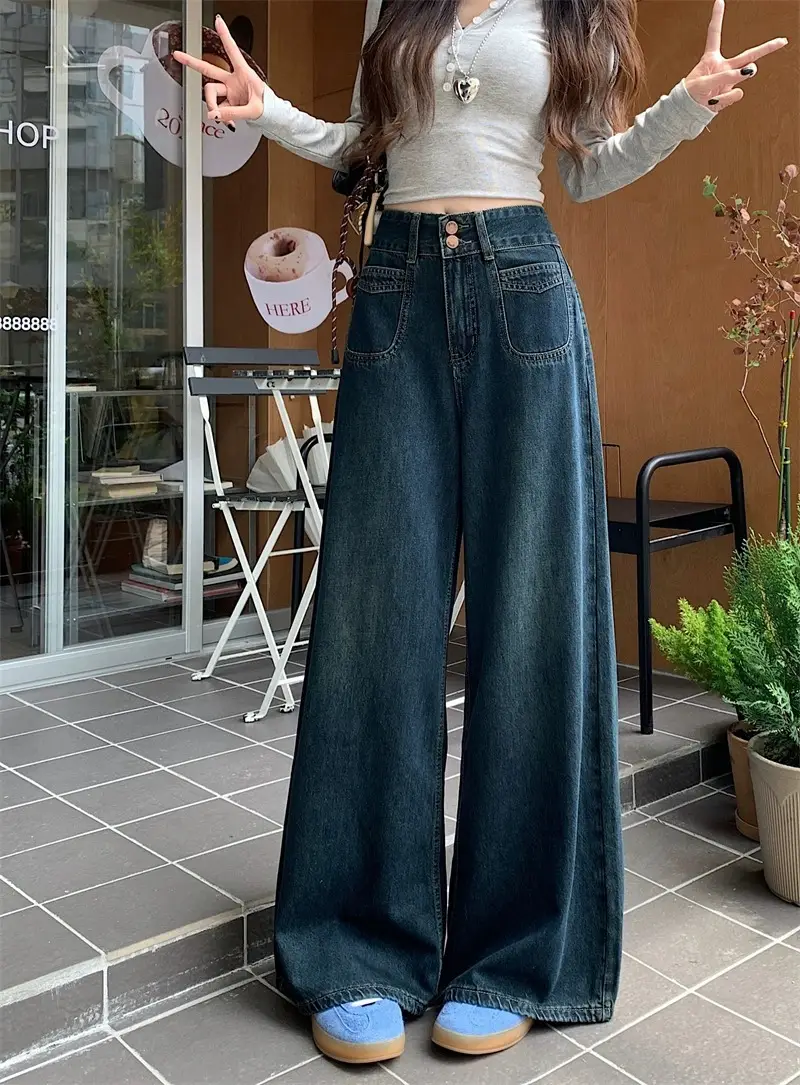 Dark Blue Wide Leg Jeans High Waist 2025 Spring Autumn — feature 2