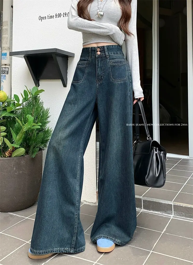 Dark Blue Wide Leg Jeans High Waist 2025 Spring Autumn — feature 3