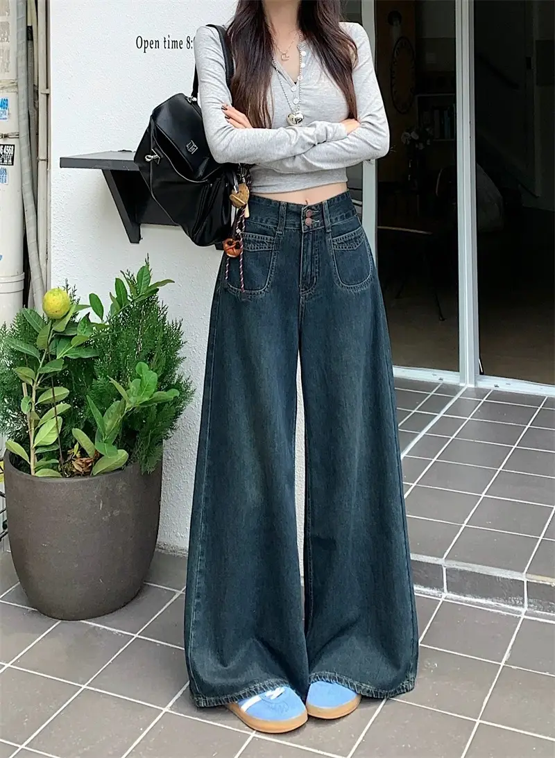 Dark Blue Wide Leg Jeans High Waist 2025 Spring Autumn — feature 4