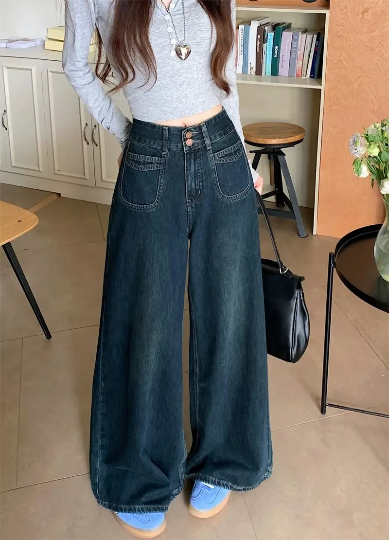 Dark Blue Wide Leg Jeans High Waist 2025 Spring Autumn — feature 9