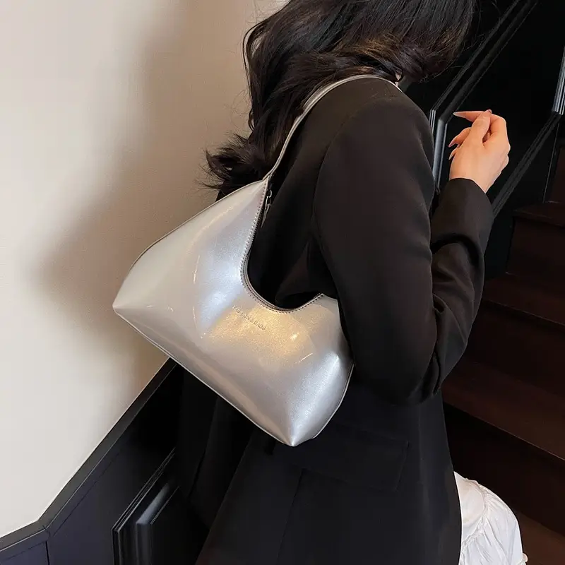 Women's Glossy Leather Crescent Bag Beige 2025 - Image 7
