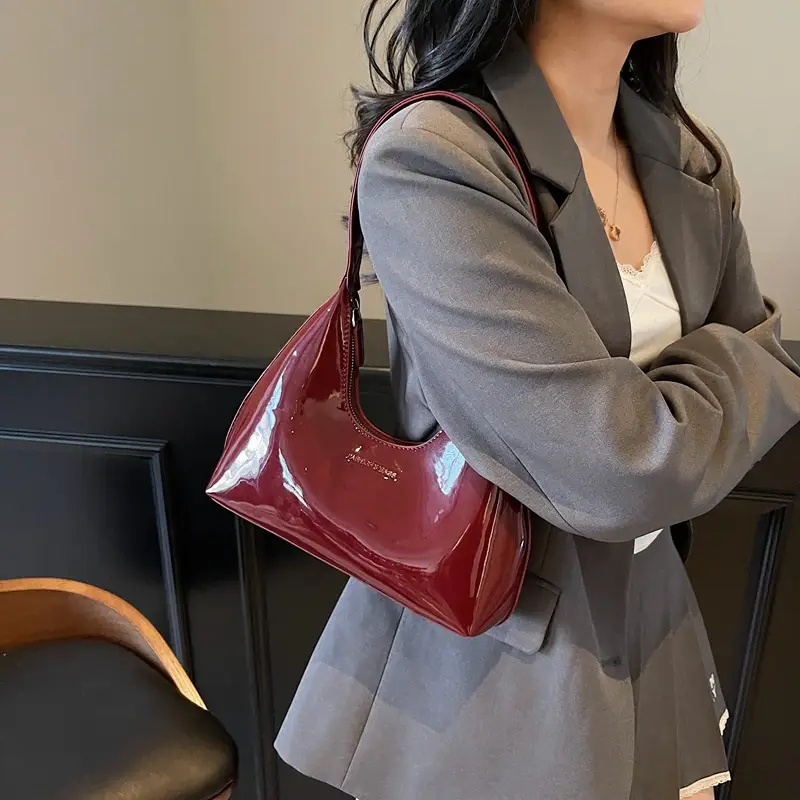 Women's Glossy Leather Crescent Bag Beige 2025 - Image 8