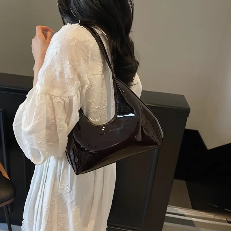 Women's Glossy Leather Crescent Bag Beige 2025 - Image 9