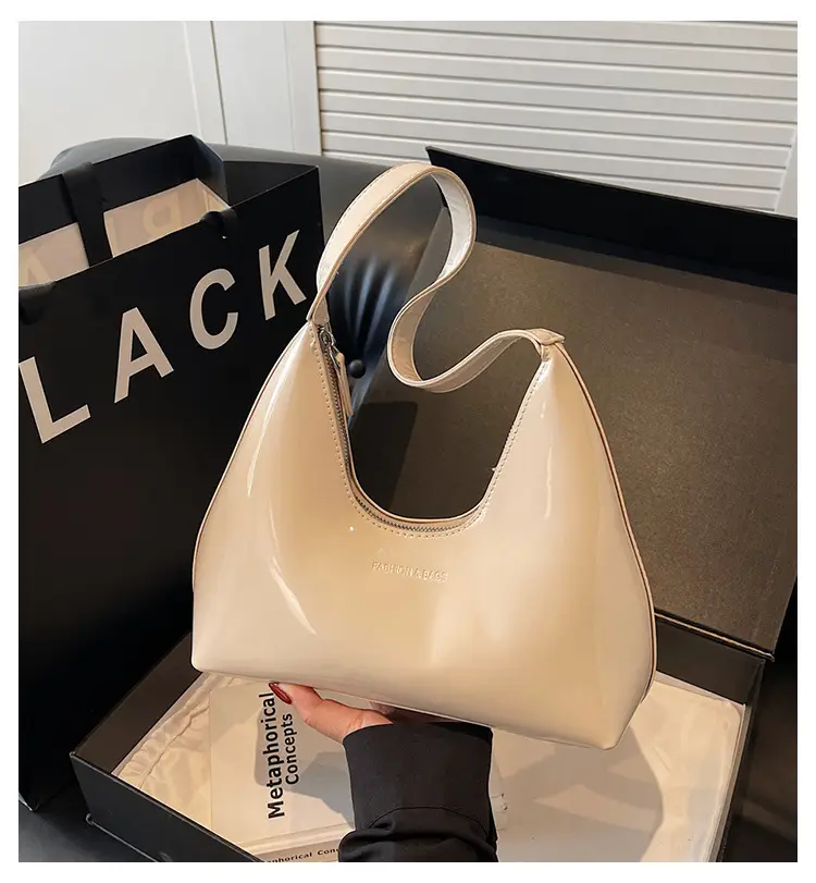 Women's Glossy Leather Crescent Bag Beige 2025 — feature 2