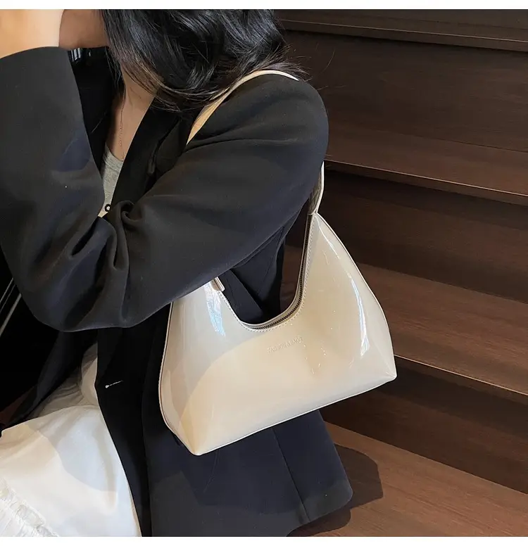 Women's Glossy Leather Crescent Bag Beige 2025 — feature 21