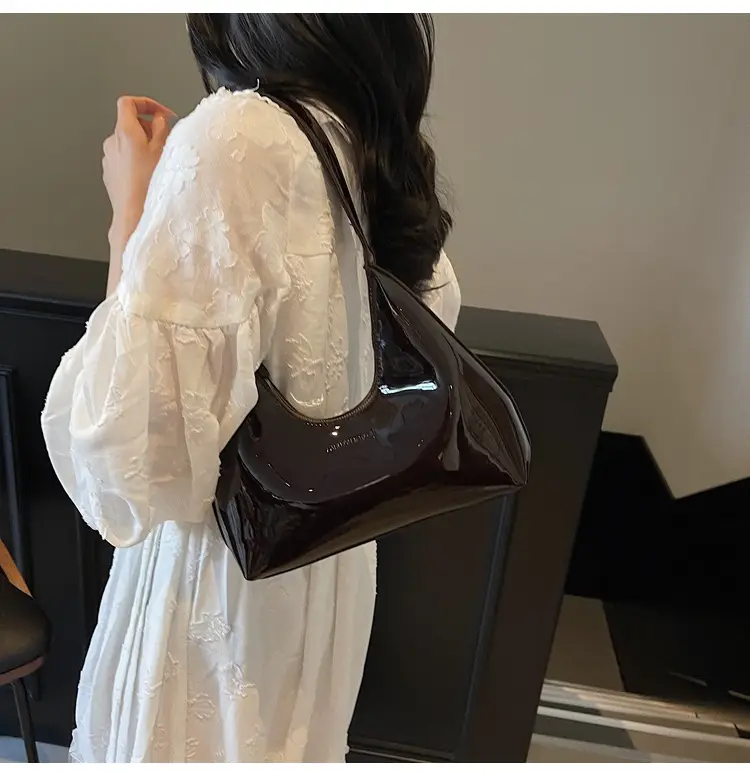 Women's Glossy Leather Crescent Bag Beige 2025 — feature 30