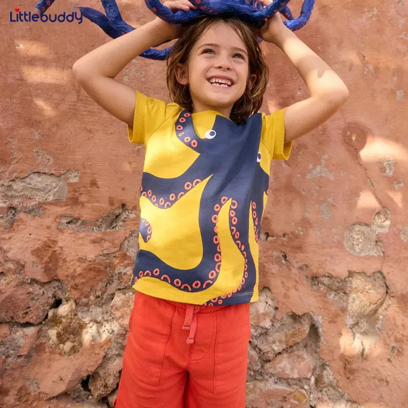 Pure Cotton Boys' Octopus Print T-Shirt Blue Yellow - Image 2