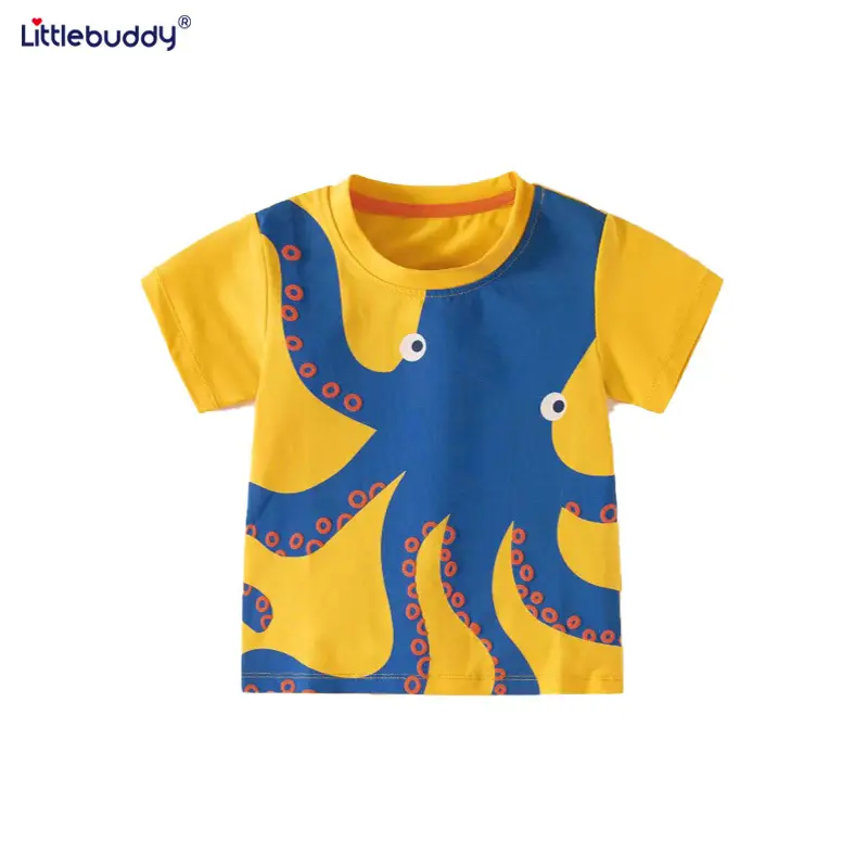 Pure Cotton Boys' Octopus Print T-Shirt Blue Yellow - Image 3