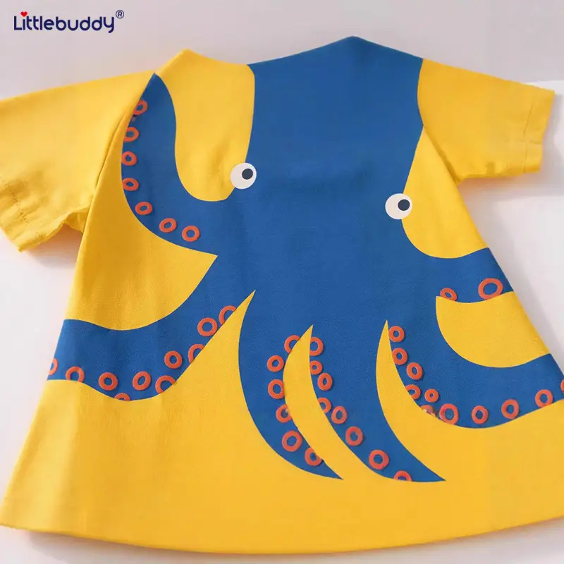 Pure Cotton Boys' Octopus Print T-Shirt Blue Yellow - Image 5