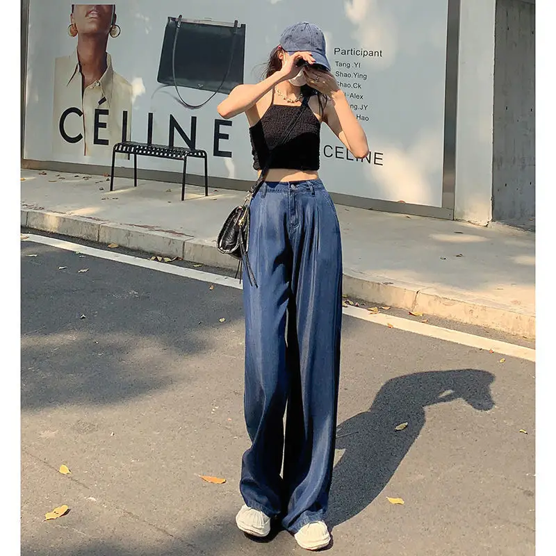 Dark Blue Wide Leg Jeans Women Summer 2025