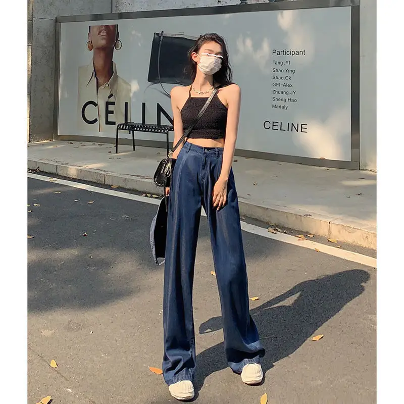 Dark Blue Wide Leg Jeans Women Summer 2025