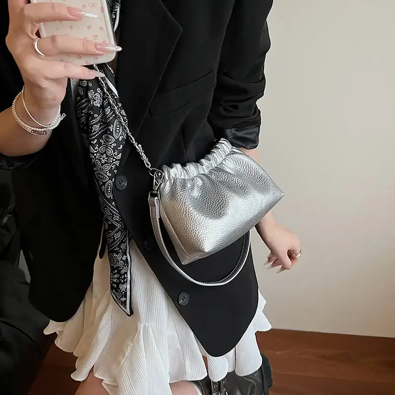 Silver Chain Bucket Bag for Women