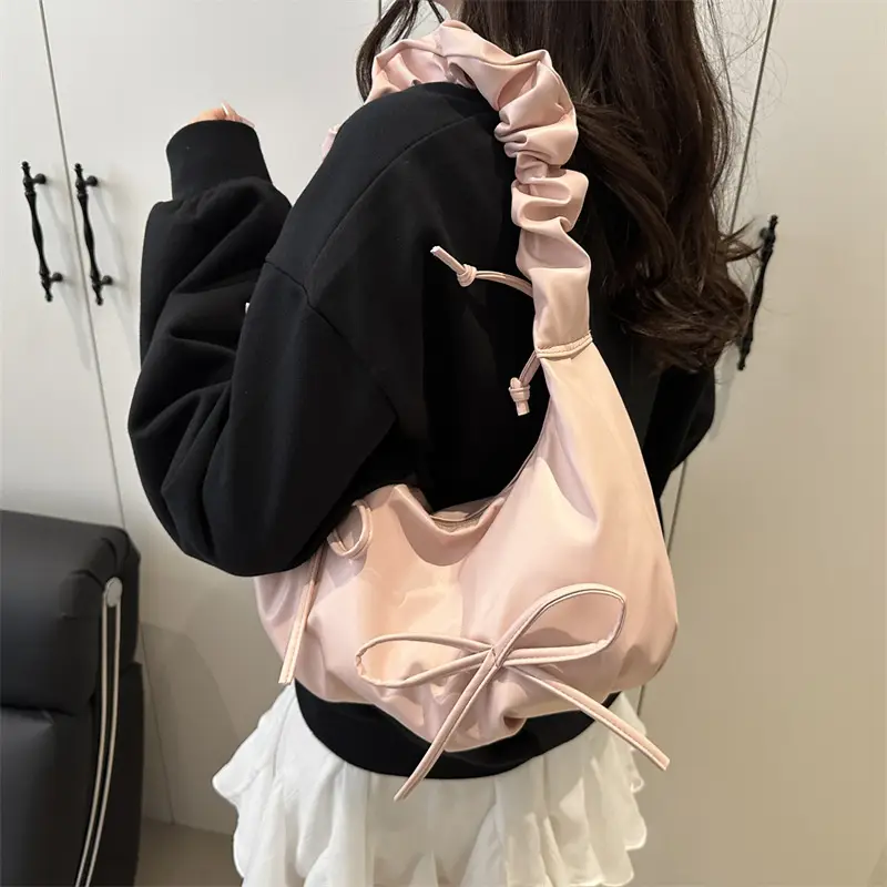 Silver Pleated Bow Shoulder Bag for Women - Image 6