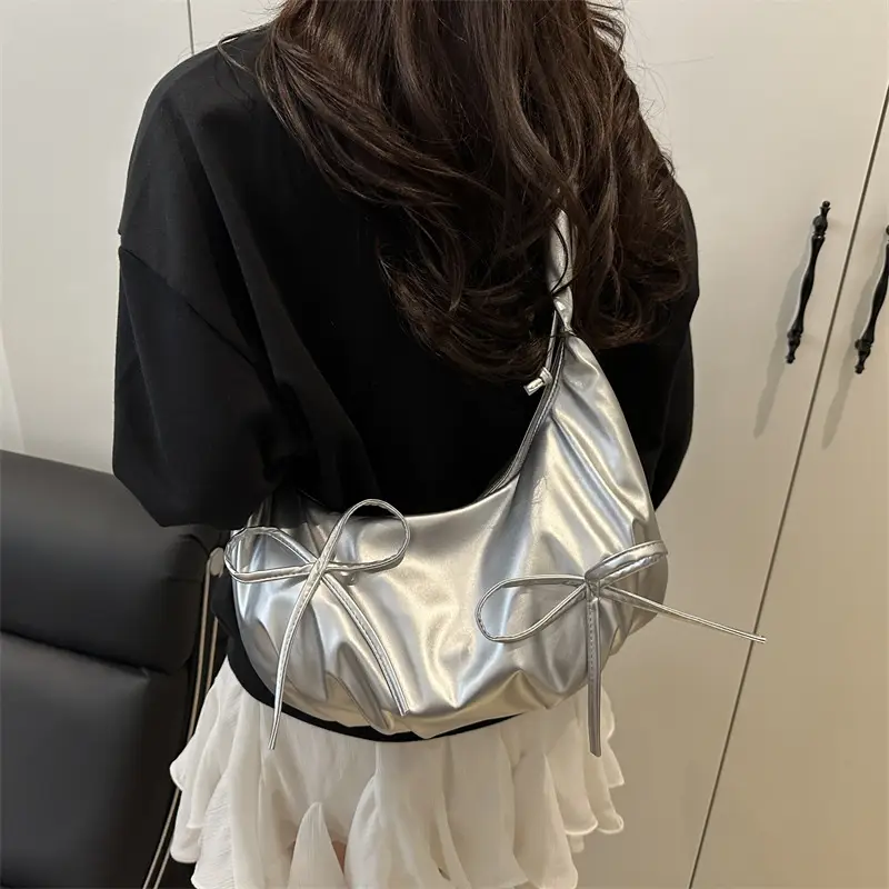 Silver Pleated Bow Shoulder Bag for Women - Image 7
