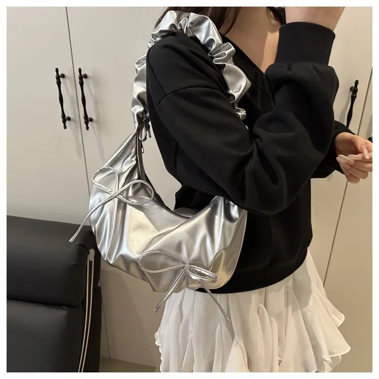 Silver Pleated Bow Shoulder Bag for Women — feature 11