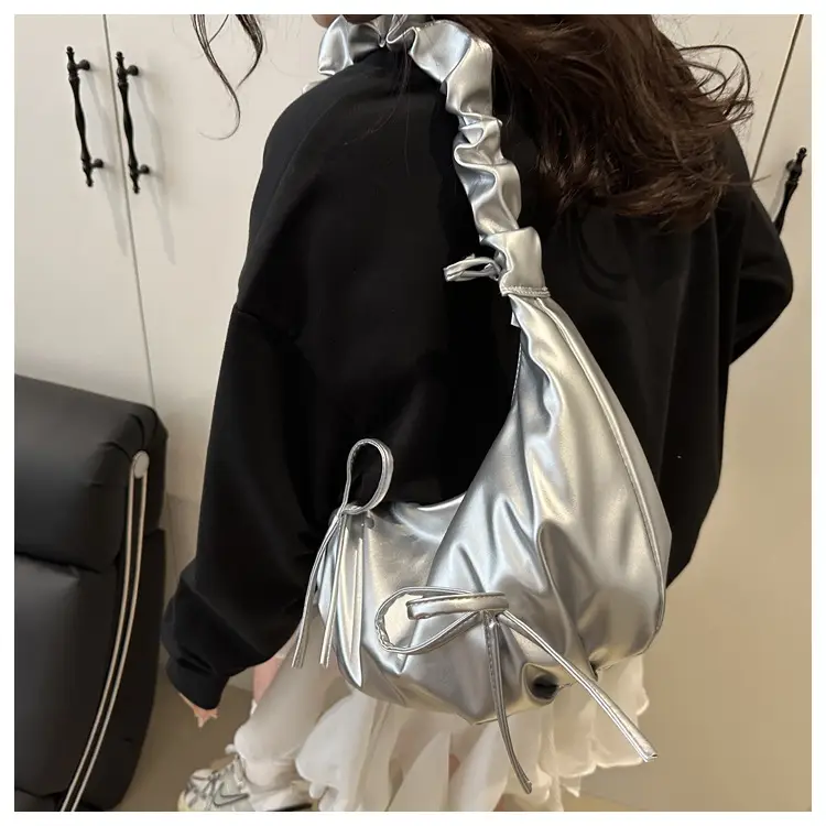 Silver Pleated Bow Shoulder Bag for Women — feature 12