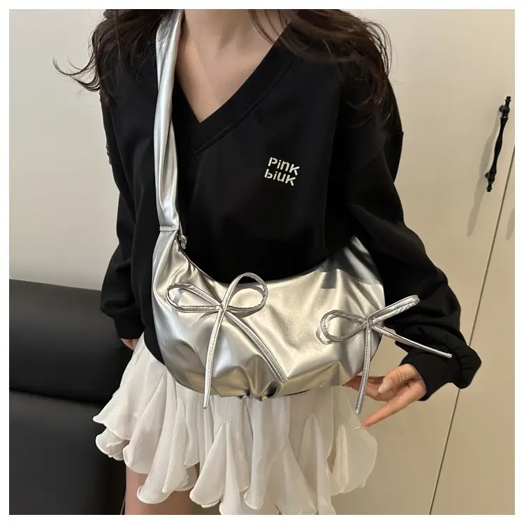 Silver Pleated Bow Shoulder Bag for Women — feature 13