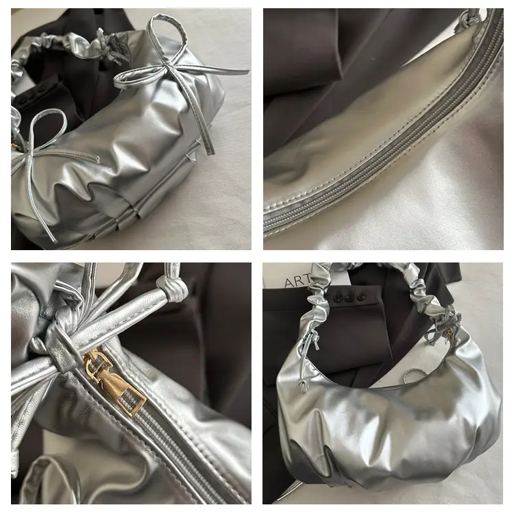 Silver Pleated Bow Shoulder Bag for Women — feature 7
