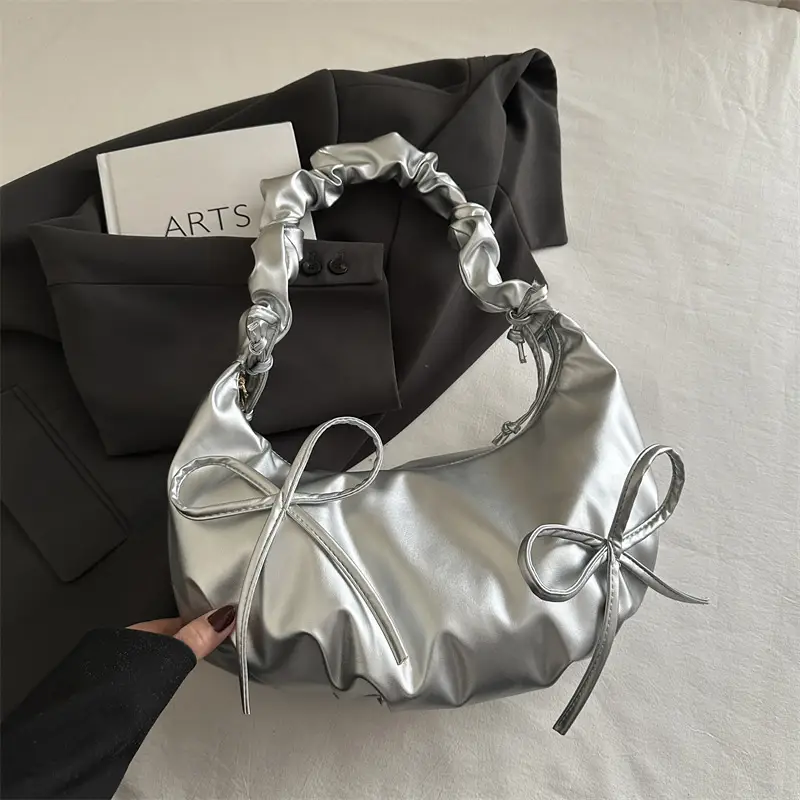Silver Pleated Bow Shoulder Bag for Women - Image 3