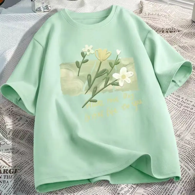 Girls White Green Tulip Print T-Shirt Medium to XL