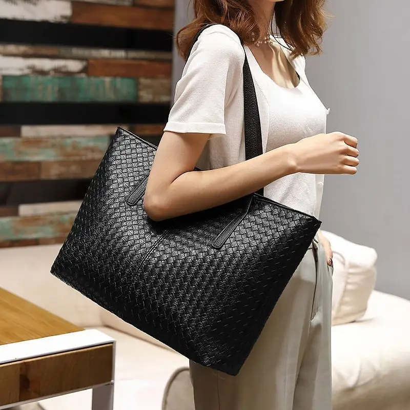 Black Woven Shoulder Bag for Women Large Capacity
