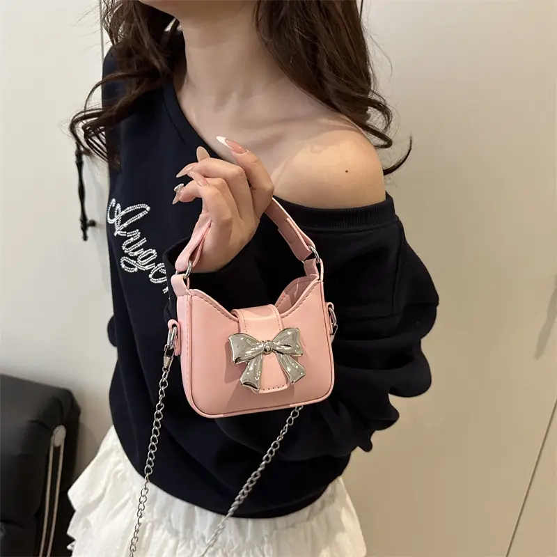 Pink Bow Shoulder Bag with Chain Strap for Women - Image 7