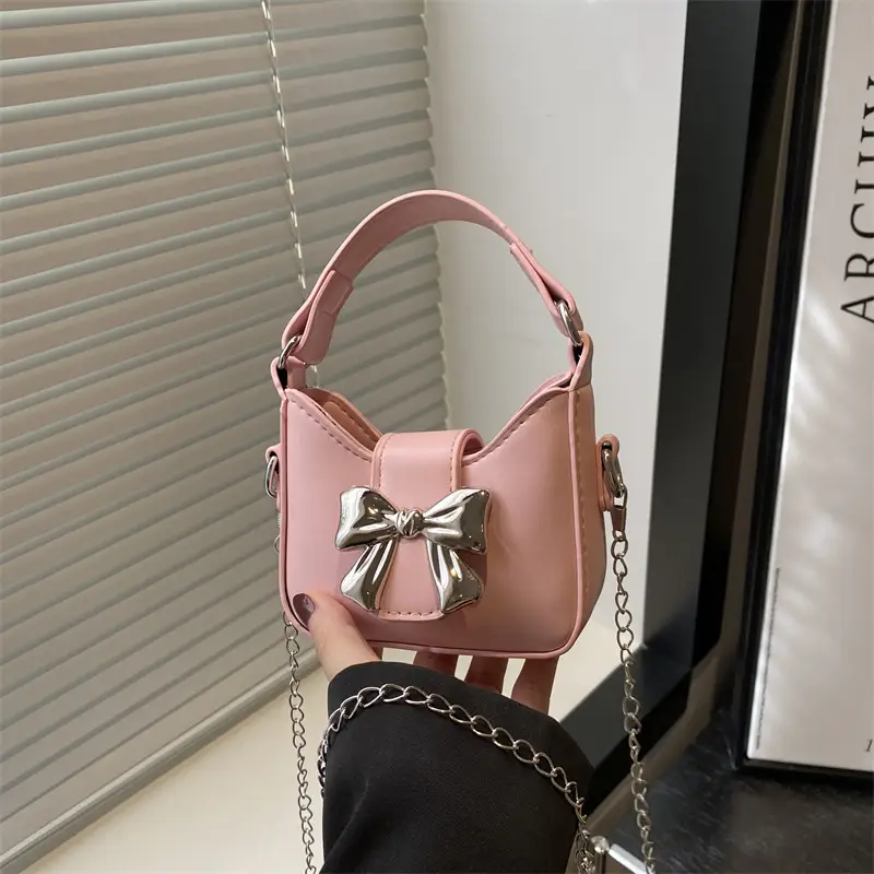 Pink Bow Shoulder Bag with Chain Strap for Women - Image 6