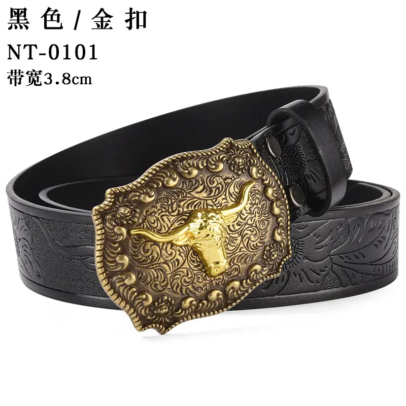 Black Cowboy Belt with Gold Skull Buckle 3.8cm - Image 29