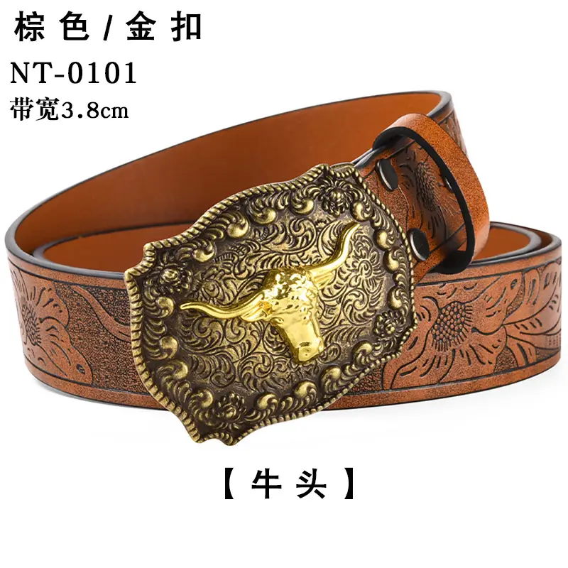 Black Cowboy Belt with Gold Skull Buckle 3.8cm — feature 13