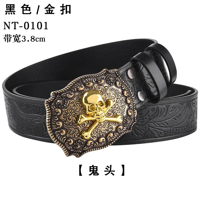 Black Cowboy Belt with Gold Skull Buckle 3.8cm — feature 21