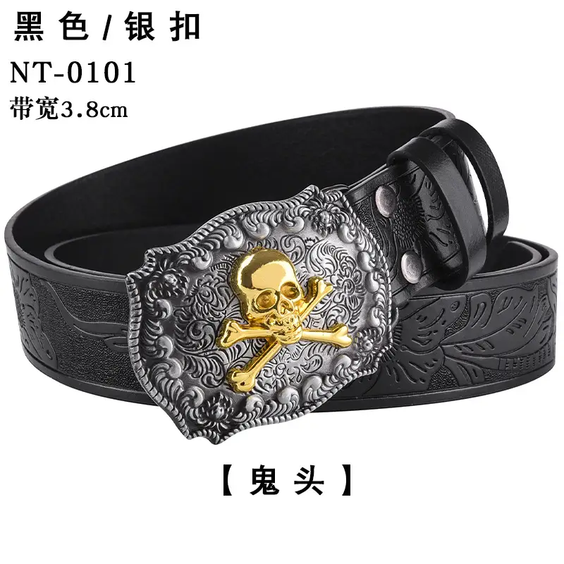 Black Cowboy Belt with Gold Skull Buckle 3.8cm — feature 22