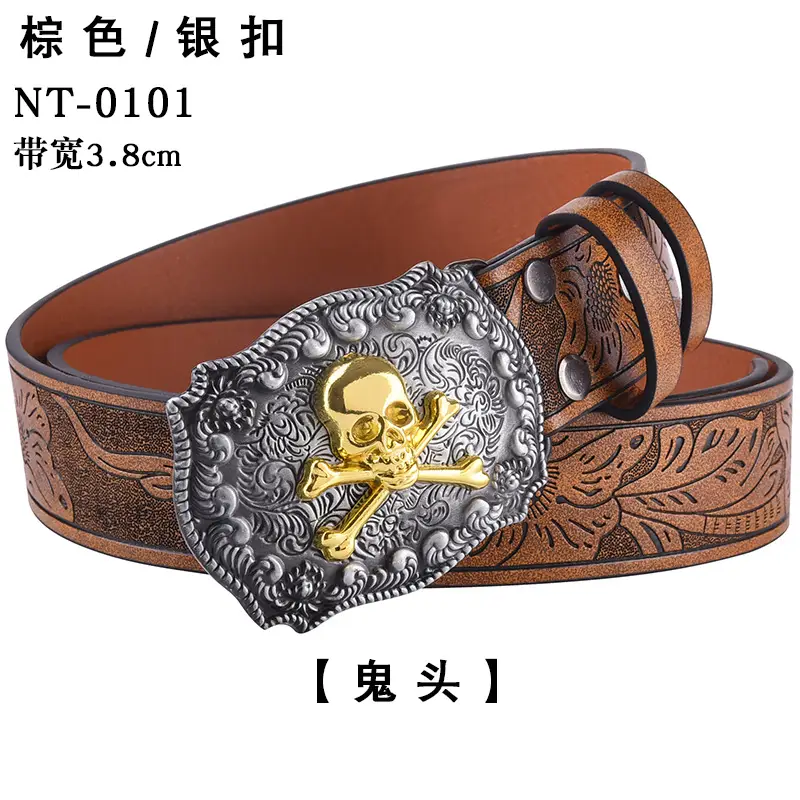 Black Cowboy Belt with Gold Skull Buckle 3.8cm — feature 26
