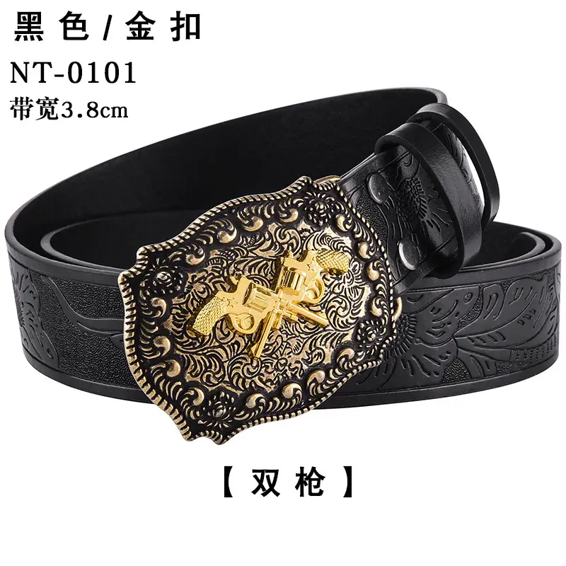 Black Cowboy Belt with Gold Skull Buckle 3.8cm — feature 27