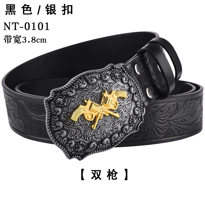 Black Cowboy Belt with Gold Skull Buckle 3.8cm — feature 28