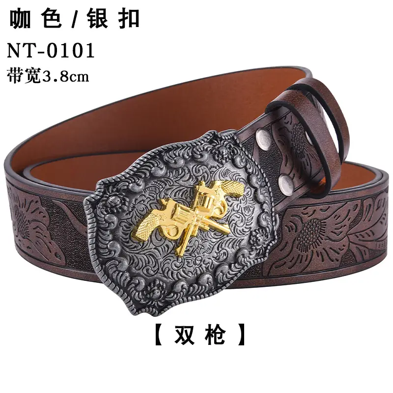 Black Cowboy Belt with Gold Skull Buckle 3.8cm — feature 30