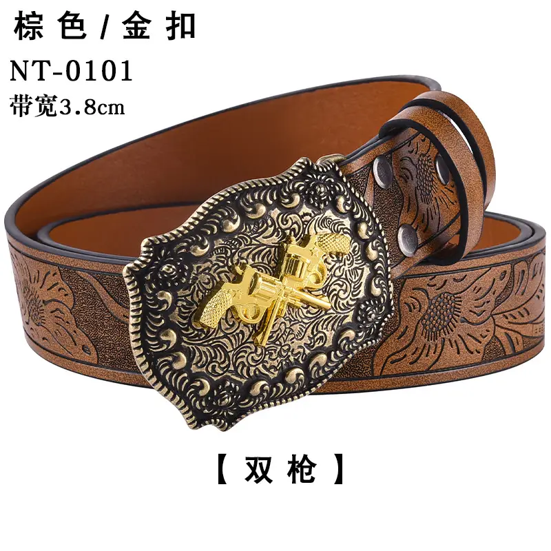 Black Cowboy Belt with Gold Skull Buckle 3.8cm — feature 31