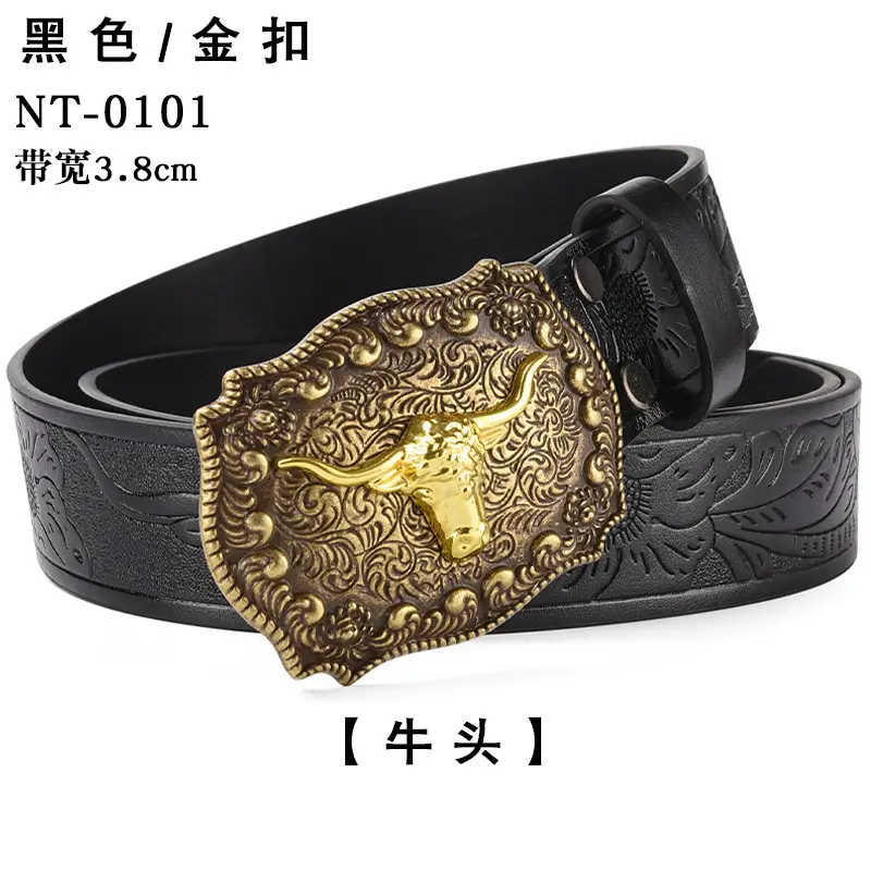 Black Cowboy Belt with Gold Skull Buckle 3.8cm — feature 9
