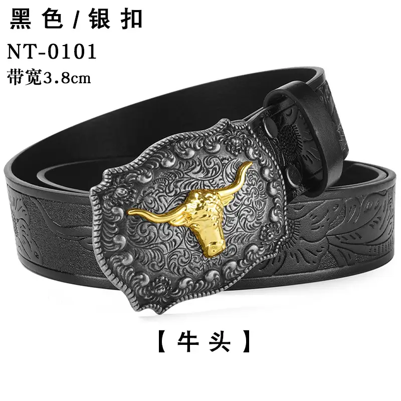 Black Cowboy Belt with Gold Skull Buckle 3.8cm - Image 2