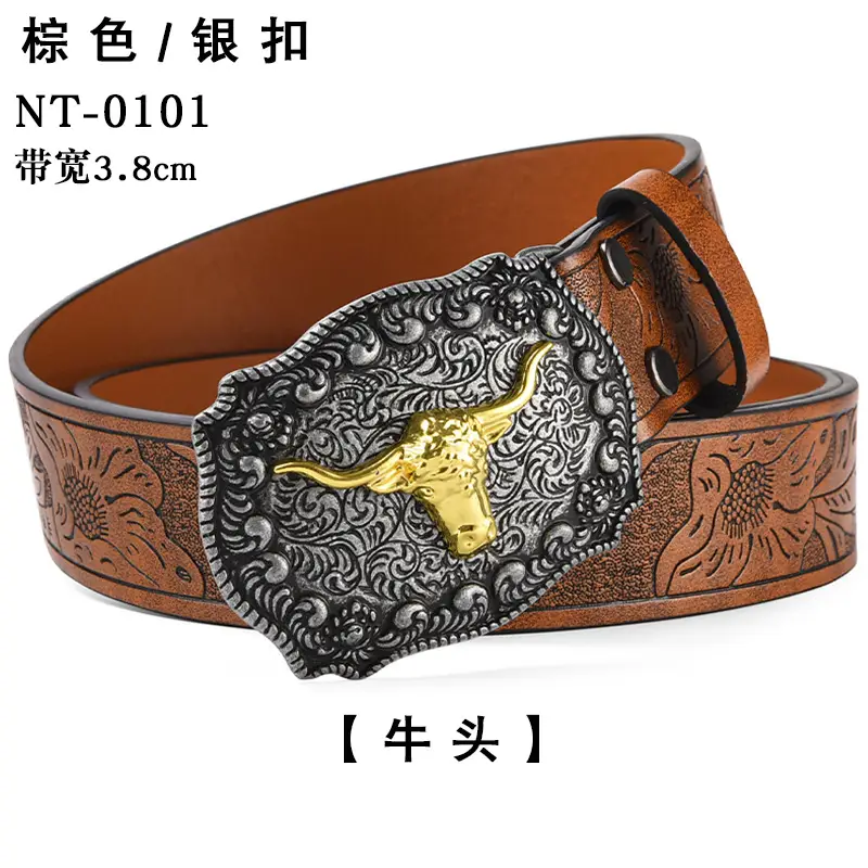 Black Cowboy Belt with Gold Skull Buckle 3.8cm - Image 4