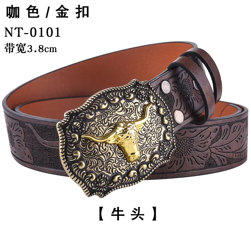 Black Cowboy Belt with Gold Skull Buckle 3.8cm - Image 5