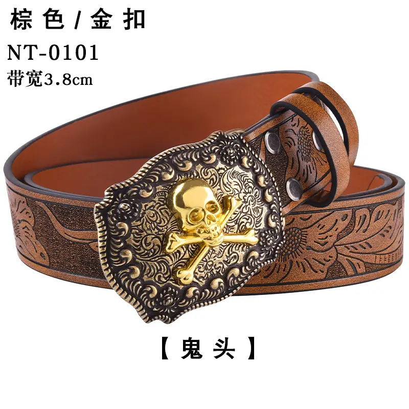 Black Cowboy Belt with Gold Skull Buckle 3.8cm - Image 9