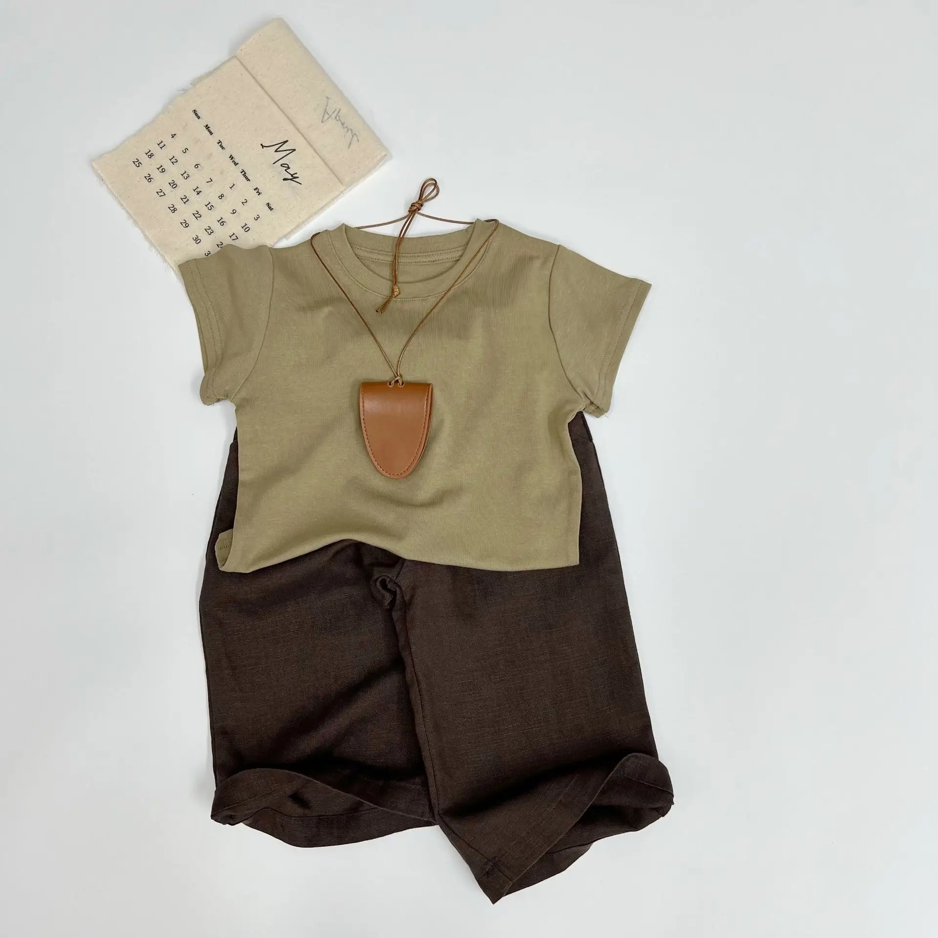 2025 Kids T-Shirt Set Korean Style Short Sleeve Brown Green - Image 3