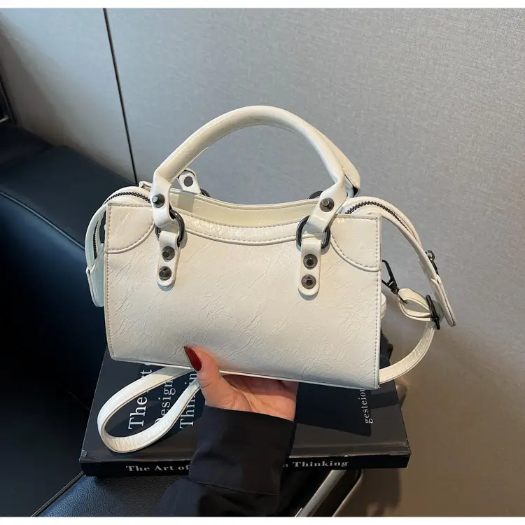 Women's Cream White Square Handbag with Metal Clasp - Image 2