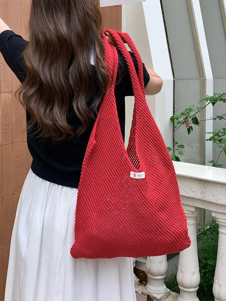 Red Knitted Mesh Shoulder Bag Large Capacity Women - Image 8