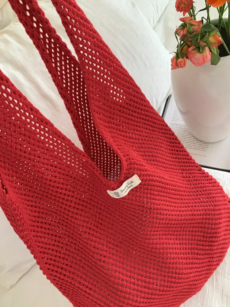 Red Knitted Mesh Shoulder Bag Large Capacity Women - Image 10